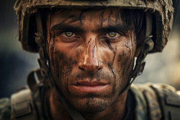 Face of dirty soldier after battle, portrait of tired veteran in rain close-up. Eyes of depressed army man in helmet during war. Concept of ptsd, post stress, military - obrazy, fototapety, plakaty