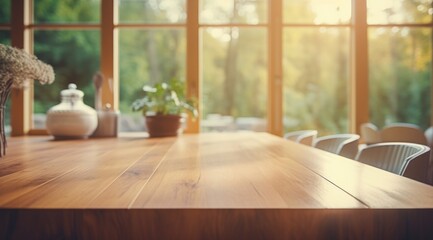 wooden table in kitchen with blurred view of kitchen and window,