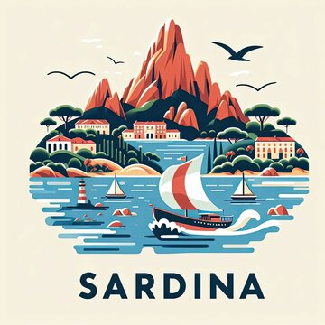 Vintage travel poster of Italy - Retro flat vector illustration of Mediterranean landscape and historic city landmarks. - sardina