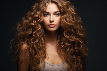 Fototapeta premium Young woman model with long wavy red hair on black studio background. Portrait of beautiful adult girl with stylish hairstyle, healthy skin. Concept of style, fashion, face, sexy