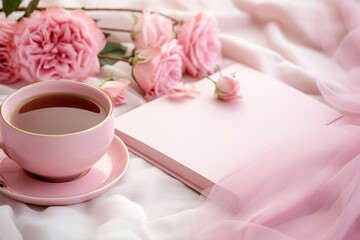 cup of coffee and pink roses