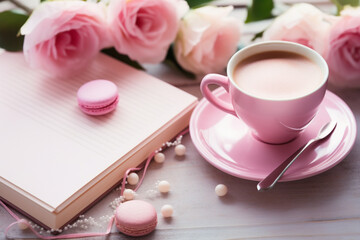 Fototapeta na wymiar cup of coffee with pink rose and book