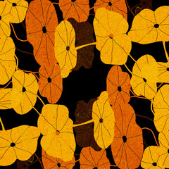 Ilustracja żółte liście nasturcji czarne tło motyw roślinny szablon.