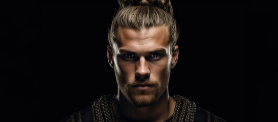 Obraz premium Portrait of young man with Viking Hairstyles, Scandinavian and Norse haircuts. Isolated over black and background. 