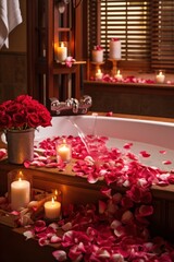 A bathroom decorated with heart-shaped soaps, towels, and a rose petal-filled