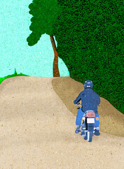 Ilustracja grafika motocyklista asfaltowa droga wśród drzew.