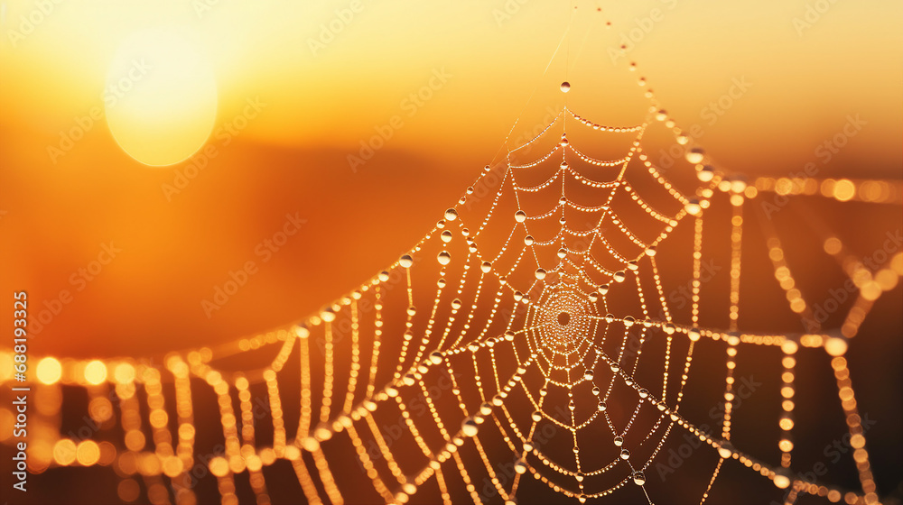 Poster close-up of morning dew on a spiderweb in golden hour background