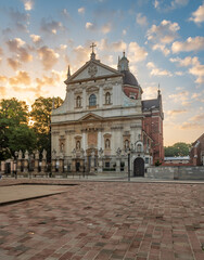 Krakow old town, baroque St Peter and Paul church on Grodzka street on colorful morning