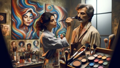 a realistic shot of a makeup artist, a young Middle-Eastern woman, working on a model, a middle-aged Hispanic man. The makeup brushes are paint