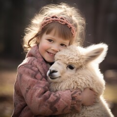 A beaming toddler cradles a fluffy and contented baby alpaca,