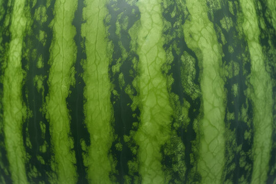 A close up picture of the texture and pattern of a watermelon skin with vertical striped lines.
, Generated by AI