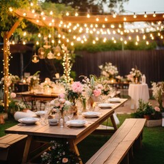 Fototapeta na wymiar A beautiful outdoor garden party complete with fairy lights and floral centerpieces.