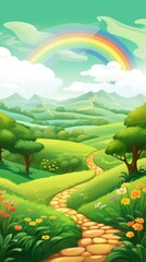 Naklejka premium A beautiful St. Patrick's Day background with a green landscape, a rainbow, and a golden Celtic knot