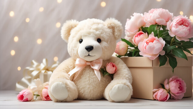 Cute funny teddy bear toy, with a gift box with a bow, with bouquets of peony flowers birthday