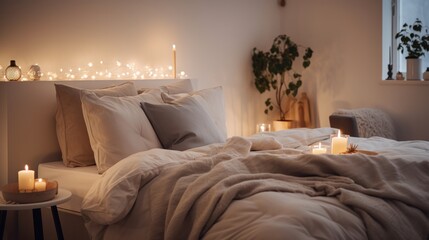 A bedroom with plush bedding and soft lighting,