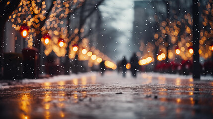 Background blur city evening street with snow and christmas lights  © orlio