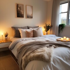 A bedroom with plush bedding and soft lighting,
