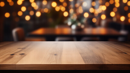 Brown oak wood table with copy space and christmas interior in the background. Cafe, restaurante, bar indoor. - obrazy, fototapety, plakaty