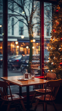 Bokeh Background Of Street Cafe Restaurant With Chrismas Decoration, View From Window On Street,  Intdoor Interior Blurred Background. No People.