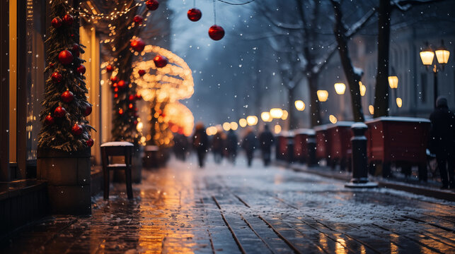 Background blur city evening street with people unfocused,  snow and christmas lights 