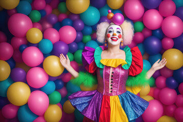 Fototapeta na wymiar Intriguingly amusing clown woman adorned in vibrant attire. An amusement source for both youngsters and grown-ups, this circus entertainer brings joy and laughter