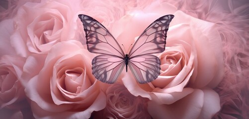 A 3d abstraction butterfly on a pink rose, its wings complementing the soft hues of the flower.
