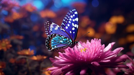 A 3d abstraction butterfly on a purple aster, with a bokeh effect of the garden in the background. - obrazy, fototapety, plakaty