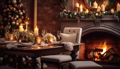 Fototapeta na wymiar a christmas table setting with a fireplace in a background,