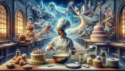 Fototapeta premium Female pastry chef in a pastry shop. 3d rendering toned image.