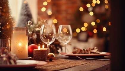 Fototapeta na wymiar a christmas table setting with a fireplace in a background,