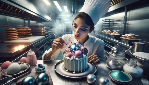 Female pastry chef in a pastry shop. 3d rendering toned image.