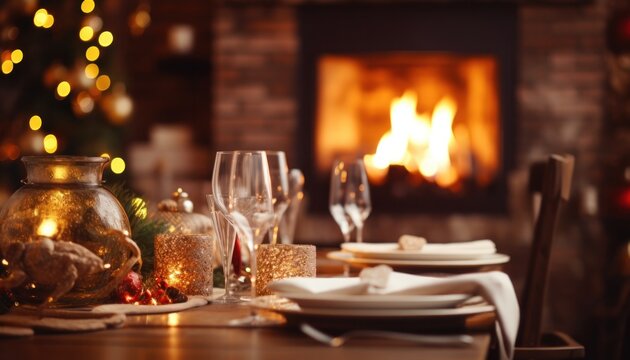a christmas table setting with a fireplace in a background,