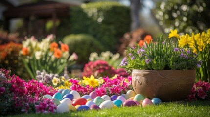 A colorful garden setting with Easter eggs hidden among the flowers