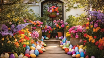 A colorful garden setting with Easter eggs hidden among the flowers