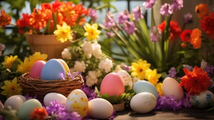 Obraz na płótnie Canvas A colorful garden setting with Easter eggs hidden among the flowers