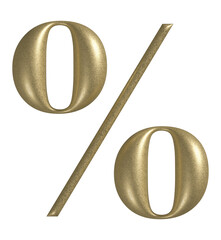 Percent sign in realistic gold 3d texture. Percentage number illustration % pct. pc. isolated on transparent background.