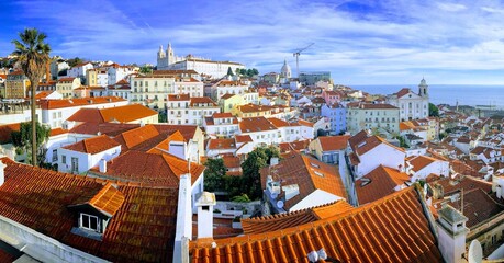 Panorama of the Alfama city neighborhood in Lisbon, Portugal, December 2018