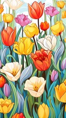 A colorful spring garden with tulips and daffodils in bloom,