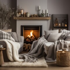 A cozy living room with a fireplace as the centerpiece, adorned with warm blankets and soft