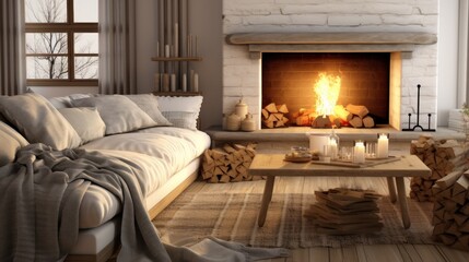 A cozy living room with a fireplace as the centerpiece, adorned with warm blankets and soft