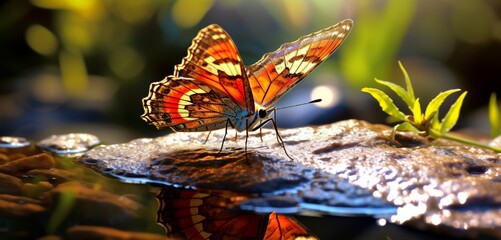 A 3d abstraction butterfly on a warm rock in a sunlit garden, its wings reflecting the bright light.