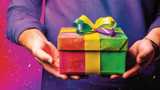 Close-up photo of man hands holding a multicolor rainbow colored gift box with ribbon and bow, no face, pink background, bright and cheerful colors, paint stains, spot and spashes, giving a surprise 