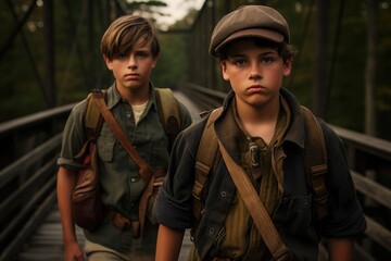 Fototapeta premium Two Boy Scouts walk across the bridge with backpacks. International Boy Scout Day Concept