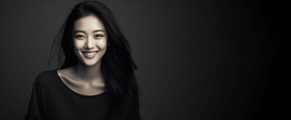 Portrait of a beautiful young Asian woman smiling on a black background looking directly at the camera