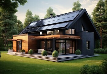 beautiful very modern minimalist house with solar panels on the roof in the countryside