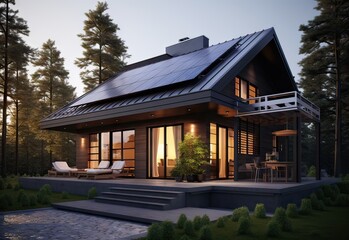 beautiful very modern minimalist house with solar panels on the roof in the countryside at sunset