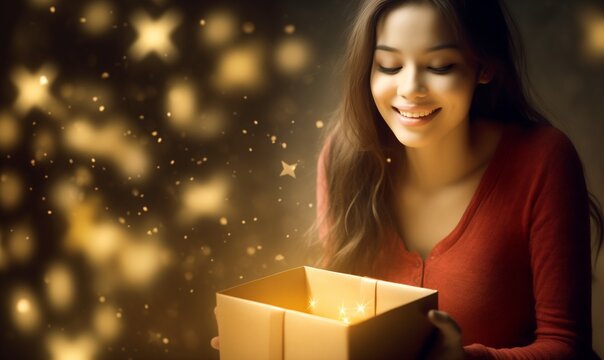 Lovely young lady or teenager looking into an open gift box, hispanic woman opening a present just offered, magic shiny stars and golden light glowing, beautiful magical happiness and joy atmosphere