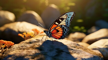 Fototapeta na wymiar A 3d abstraction butterfly resting on a garden rock, basking in the warmth of the afternoon sun.