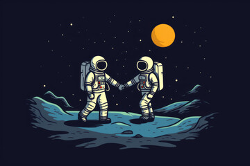 A cute and lovely romantic Illustration of two couple friends astronauts walking on planet moon or mars and exploring the galaxy universe, planets and stars and earth in the background,Generated by AI
