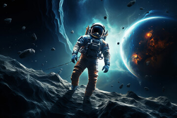 A picture of astronaut spaceman soldier, standing on a planet in a space war, between stars and...